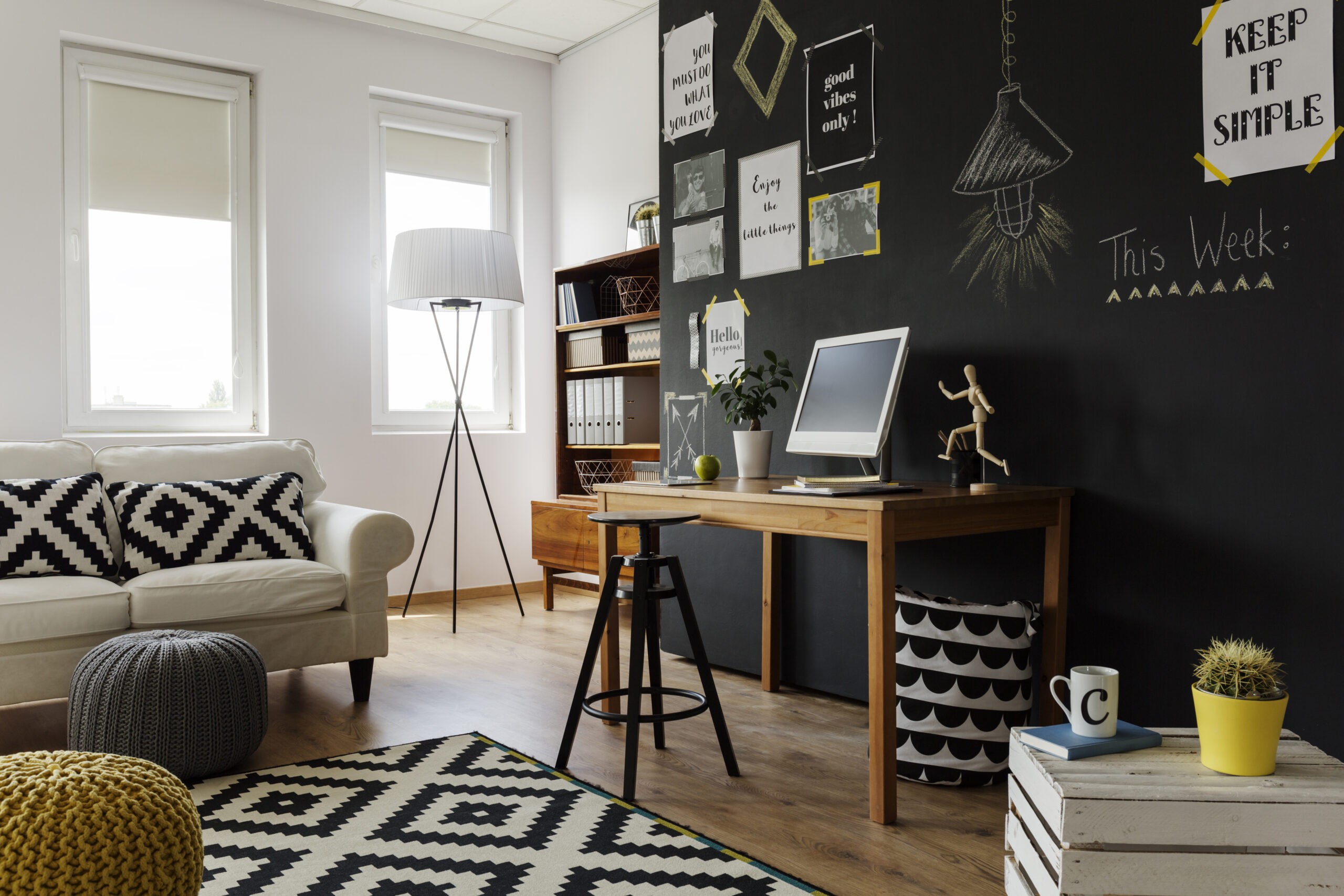 Contemporary big city's flat with decorative items and furniture in natural colours