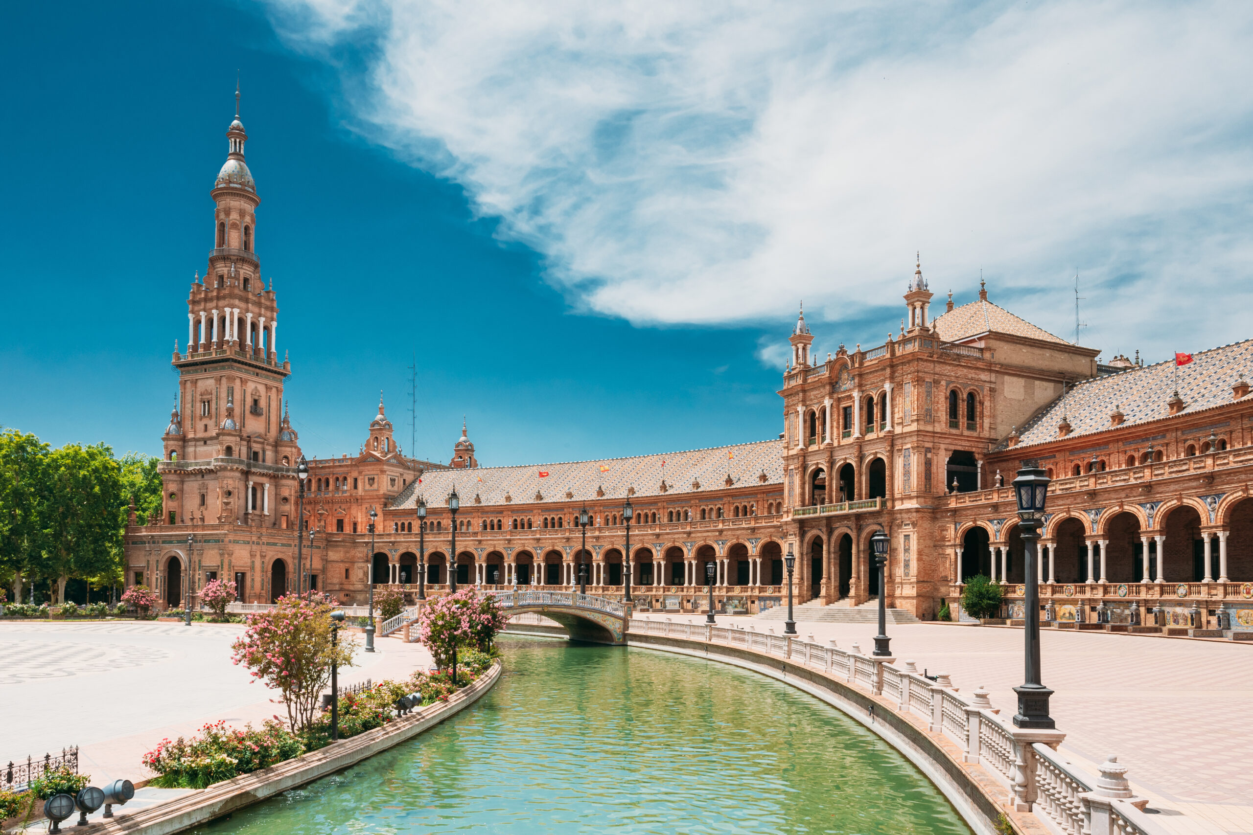 Seville, Spain. Canal Promenade Around Famous Landmark - The Plaza De Espana In Seville, Andalusia, Spain. Renaissance Revival Style. Spain Square.
